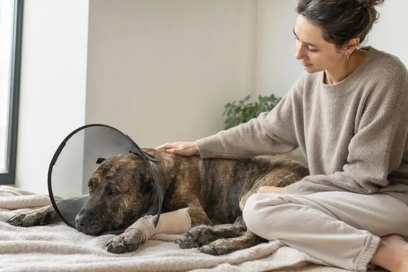 Ein Alano Español Hund mit medizinischem Schutzkragen ruht auf einer Decke, während sein Besitzer beruhigend daneben sitzt.