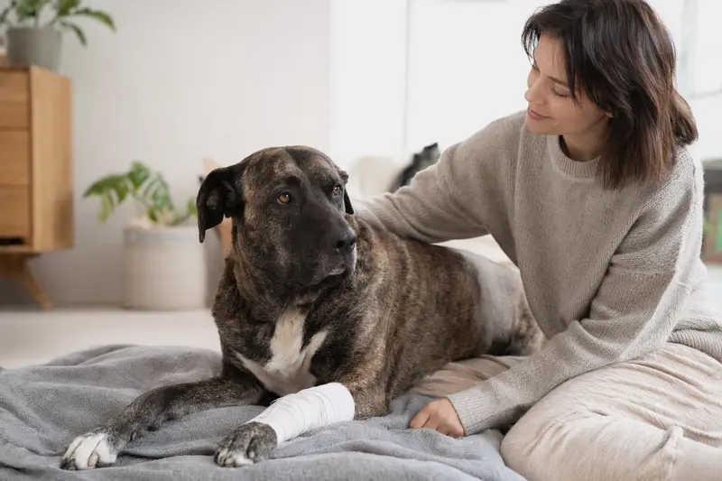 Ein Alano Español Hund mit leichtem Verband an der Pfote liegt entspannt auf einer Decke neben seinem erleichterten Besitzer in einer hellen Wohnung.