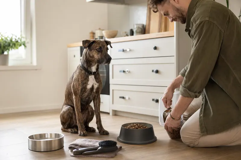 Ein Alano Hund sitzt neben einem hochwertigen Futternapf und Pflegezubehör in einer hellen Küche, während der Besitzer Futter vorbereitet.