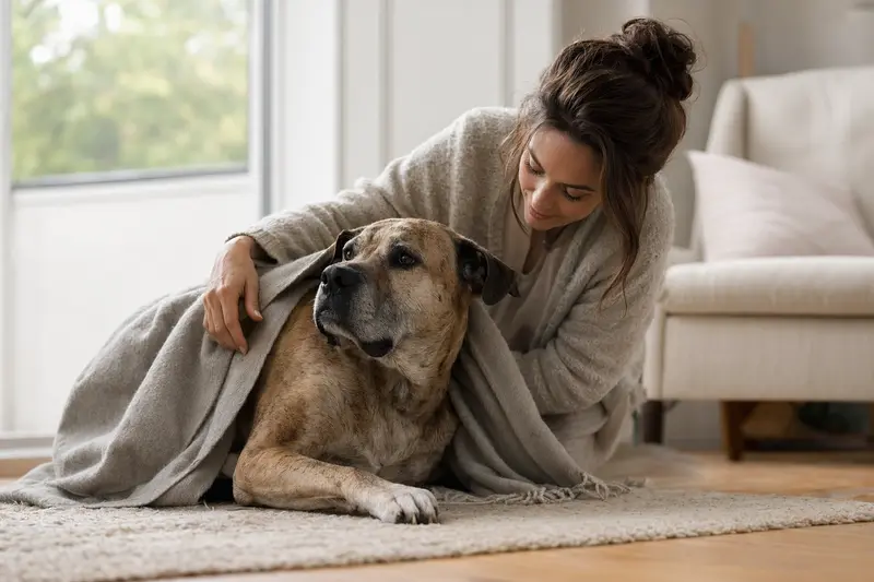 Ein entspannter Alano Hund liegt in einem hellen Zuhause, während sein Besitzer ihm liebevoll eine Decke überlegt.