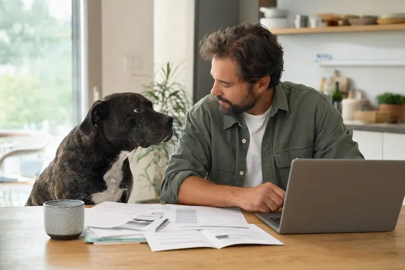 Ein Alano Hund sitzt entspannt neben seinem Besitzer am Küchentisch, der mit Versicherungsdokumenten und einem Laptop ausgestattet ist.