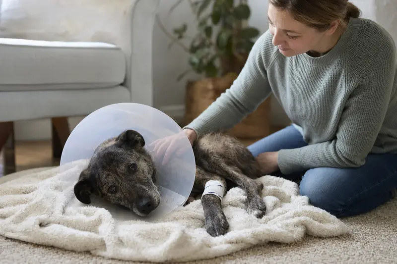 Ein Alano Hund ruht entspannt auf einer Decke mit einem medizinischen Schutzkragen, während sein Besitzer beruhigend neben ihm sitzt.