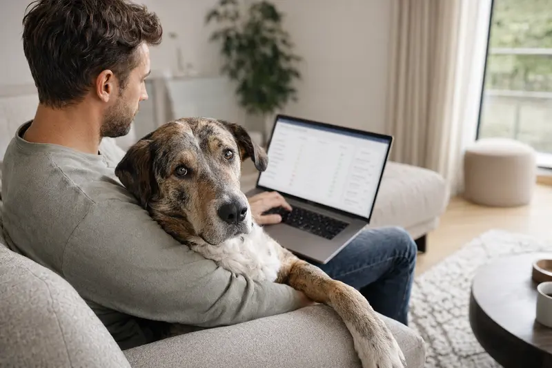 Ein Hund liegt entspannt neben seinem Besitzer, der am Laptop auf dem Sofa nach einer Tierkrankenversicherung sucht.