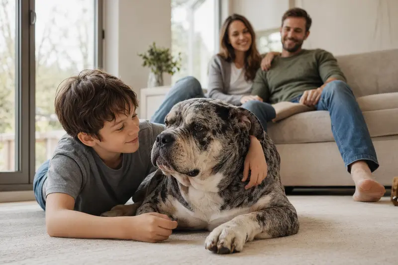 Ein entspannter Alapaha Blue Blood Bulldog Hund liegt neben einem Kind in einer warmen Familienatmosphäre.