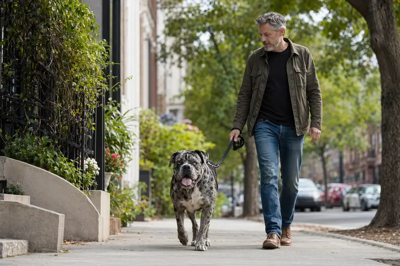 Ein Alapaha Blue Blood Bulldog läuft an der Leine mit seinem Besitzer durch eine saubere Stadtstraße.