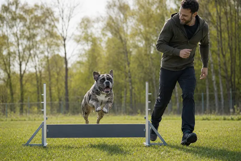 Ein Alapaha Blue Blood Bulldog beim Training mit seinem Besitzer auf einem Hundeplatz.
