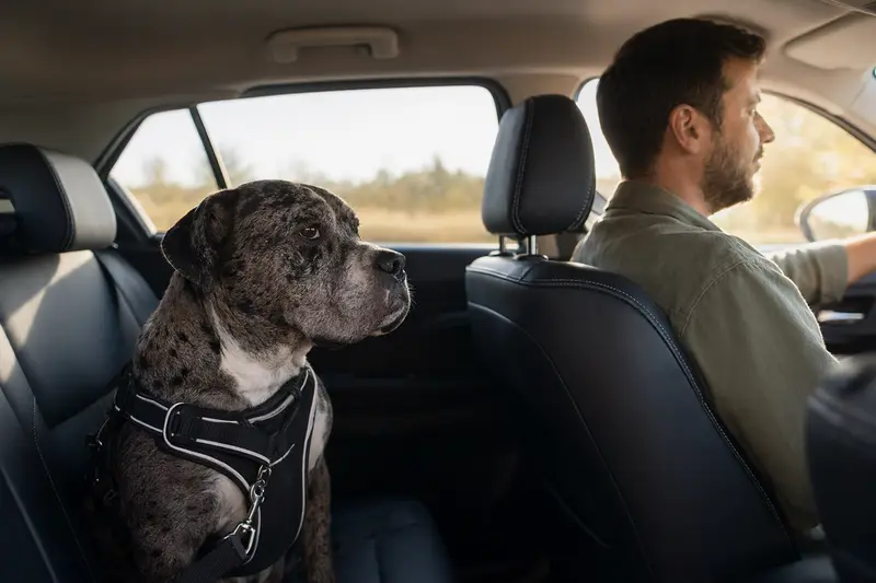Ein Alapaha Blue Blood Bulldog sitzt sicher mit einem Sicherheitsgurt auf der Rückbank eines Autos, während der Besitzer fährt.