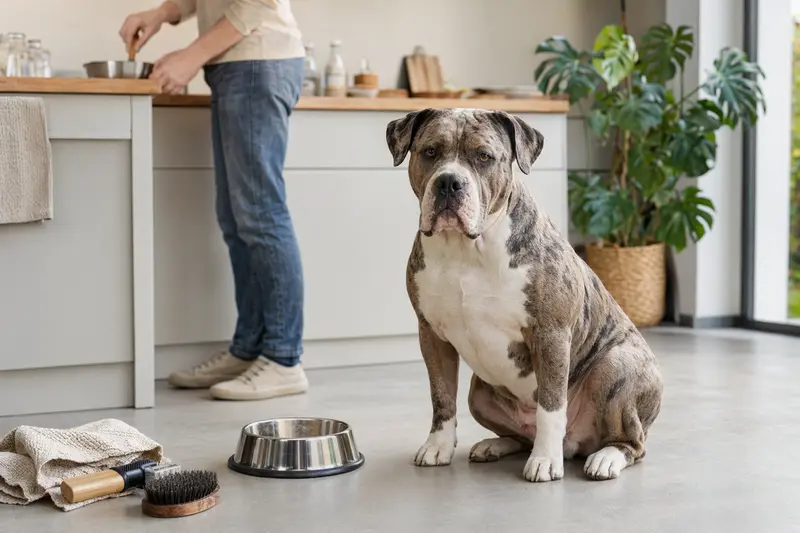Ein Alapaha Blue Blood Bulldog sitzt neben einem hochwertigen Futternapf in einer modernen Küche, während sein Besitzer gesunde Nahrung vorbereitet.