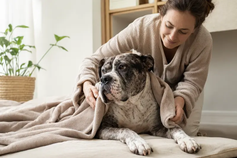 Ein entspannter Alapaha Blue Blood Bulldog in einem hellen Zuhause, während sein Besitzer ihm liebevoll eine Decke überlegt.