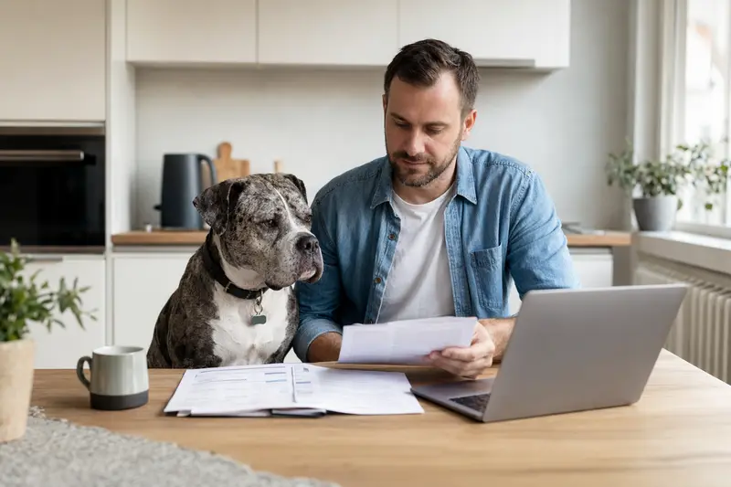 Ein Alapaha Blue Blood Bulldog sitzt ruhig neben seinem Besitzer am Küchentisch, während Versicherungsunterlagen und ein Laptop mit Vergleichsinformationen liegen.