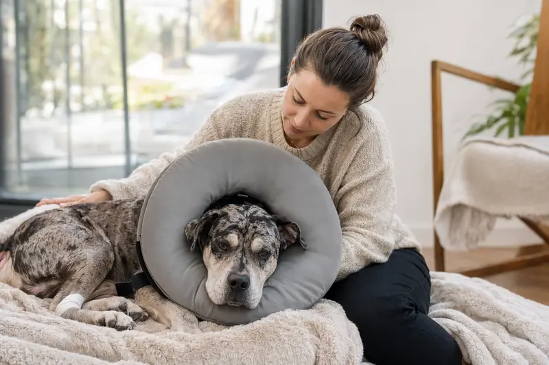 Ein Alapaha Blue Blood Bulldog Hund ruht auf einer Decke und trägt einen medizinischen Schutzkragen, während sein Besitzer beruhigend daneben sitzt.