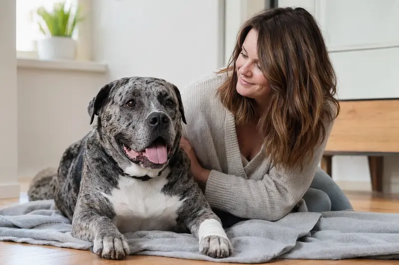 Ein Alapaha Blue Blood Bulldog sitzt mit einem Verband an der Pfote entspannt neben seinem Besitzer in einer hellen Wohnung.