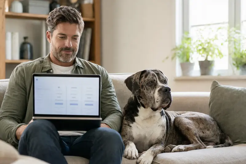 Ein Hundebesitzer arbeitet am Laptop auf dem Sofa, während sein Alapaha Blue Blood Bulldog neben ihm sitzt und eine neutrale Versicherungsvergleichs-Oberfläche angezeigt wird.