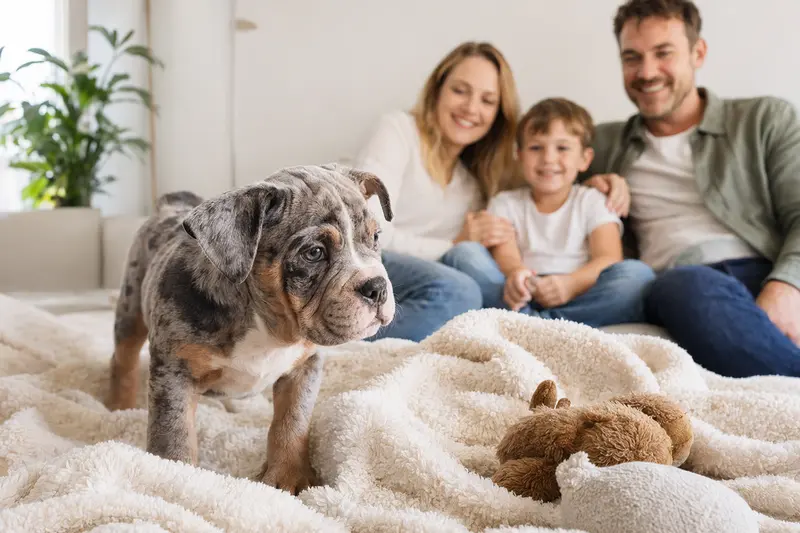 Ein neugieriger Alapaha Blue Blood Bulldog Welpe entdeckt sein neues Zuhause mit einer weichen Decke und Spielzeug.