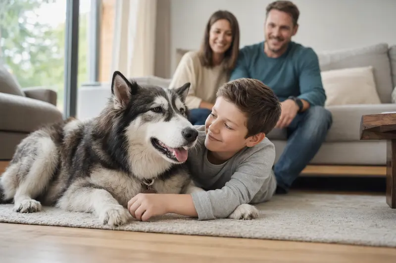 Ein Alaska Husky Hund liegt entspannt neben einem Kind im Wohnzimmer und vermittelt eine vertrauensvolle Familienatmosphäre.