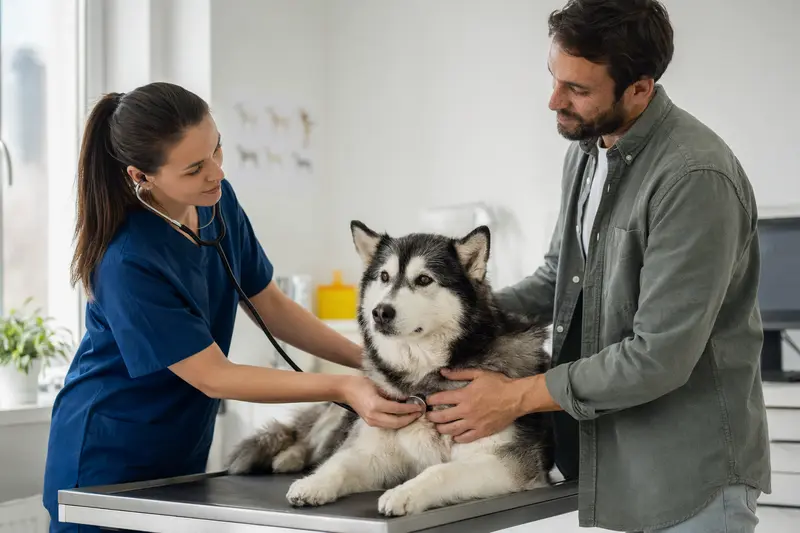 Ein ruhiger Alaska Husky wird von einer Tierärztin in einer modernen Praxis mit einem Stethoskop untersucht, während der Besitzer beruhigend danebensteht.