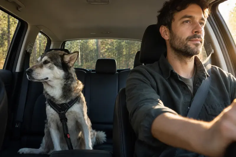 Ein Alaska Husky Hund sitzt sicher angeschnallt auf der Rückbank eines Autos, während der Besitzer ruhig fährt.