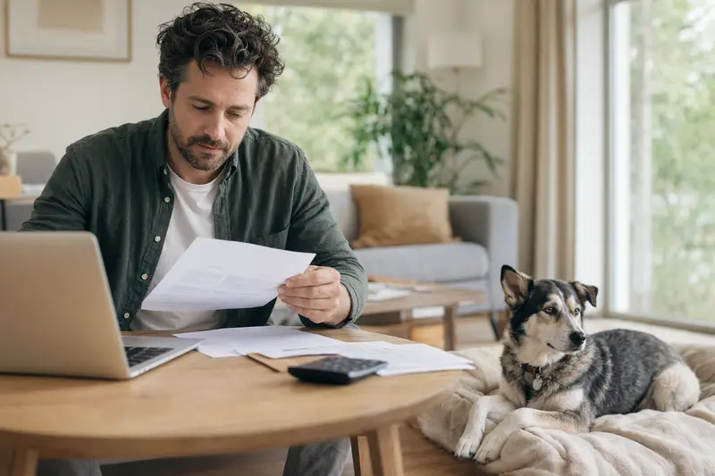 Ein entspannter Alaska Husky liegt neben einem Besitzer, der eine Tierarztrechnung studiert, in einer hellen und ruhigen Wohnung.