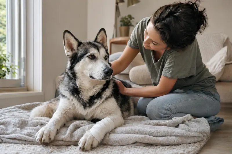 Ein Alaska Husky Hund mit einem leichten Verband an der Pfote liegt entspannt neben seinem Besitzer in einer hellen, fürsorglichen Umgebung.