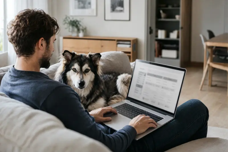 Besitzer sitzt mit Laptop auf dem Sofa, neben ihm ein Alaska Husky, der die Suche nach einer Tierversicherung zeigt.