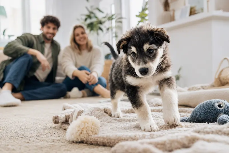 Ein neugieriger Alaska Husky Welpe erkundet sein neues Zuhause mit einer weichen Decke und Spielzeug, während die liebevolle Familie im Hintergrund zu sehen ist.