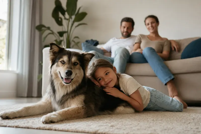 Ein freundlicher Alaskan Indian Dog liegt entspannt neben einem Kind im Wohnzimmer und vermittelt eine warme Familienatmosphäre.