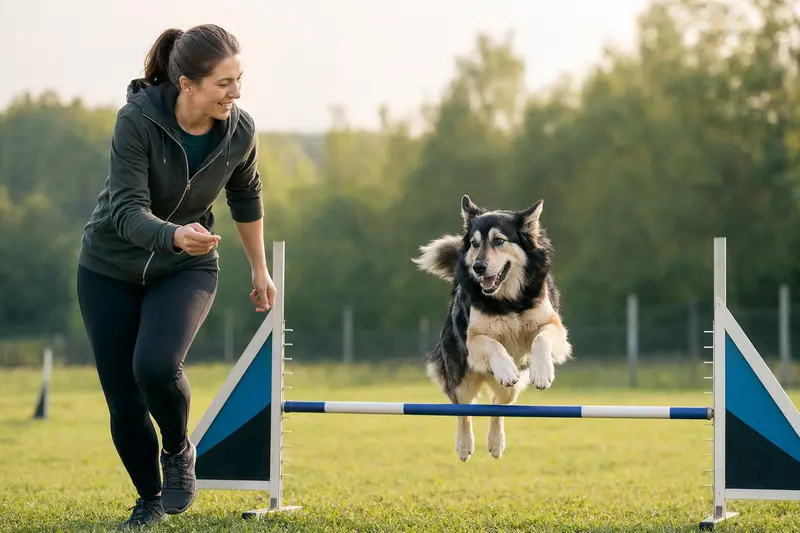 Ein Alaskan Indian Dog trainiert mit seinem Besitzer auf einem sonnigen Hundeplatz über eine kleine Hürde.