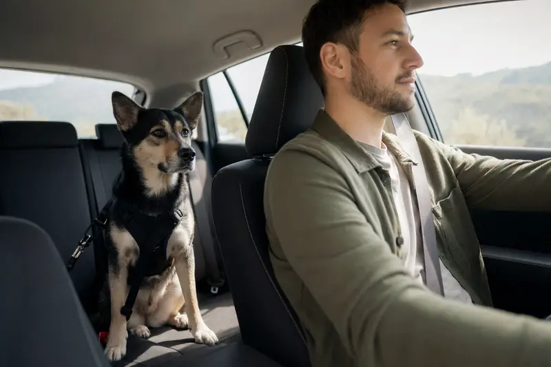 Ein Alaskan Indian Dog Hund, sicher angeschnallt auf der Rückbank eines Autos, während der Besitzer ruhig fährt.