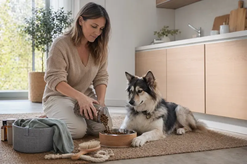 Ein Alaskan Indian Dog sitzt neben einem hochwertigen Futternapf und Pflegezubehör in einer modernen Küche.