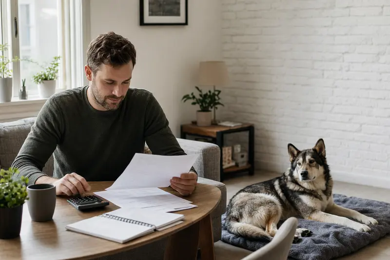 Ein entspannter Alaskan Indian Dog liegt auf einer Decke, während sein Besitzer am Tisch eine Tierarztrechnung betrachtet.