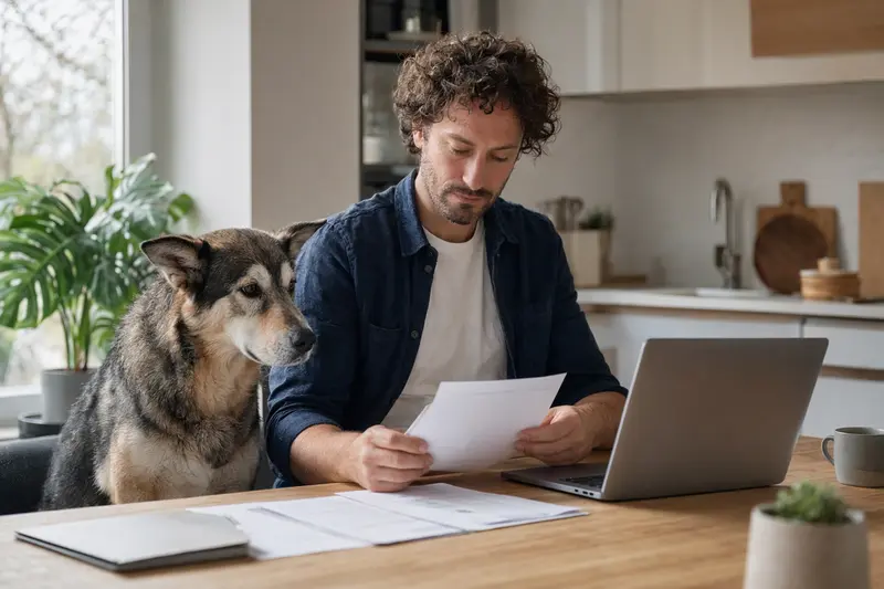 Ein Alaskan Indian Dog sitzt neben seinem Besitzer am Küchentisch, während auf dem Tisch Versicherungsunterlagen und ein Laptop liegen.