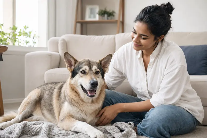 Ein Alaskan Indian Dog mit leichtem Verband an der Pfote liegt entspannt neben seinem Besitzer in einer hellen, freundlichen Wohnung.