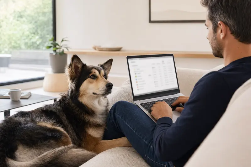 Ein Besitzer mit Alaskan Indian Dog sitzt auf dem Sofa und vergleicht Tierversicherungen am Laptop.
