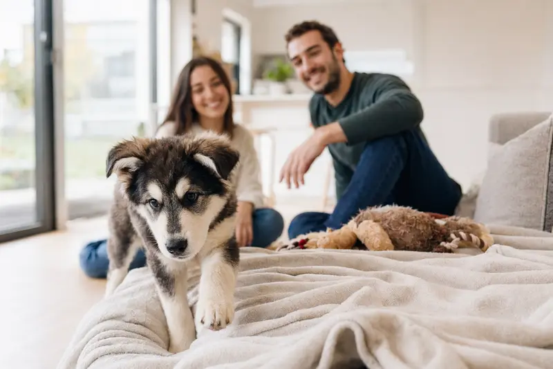 Ein neugieriger Alaskan Indian Dog Welpe erkundet sein gemütliches Zuhause mit weicher Decke und Spielzeug.
