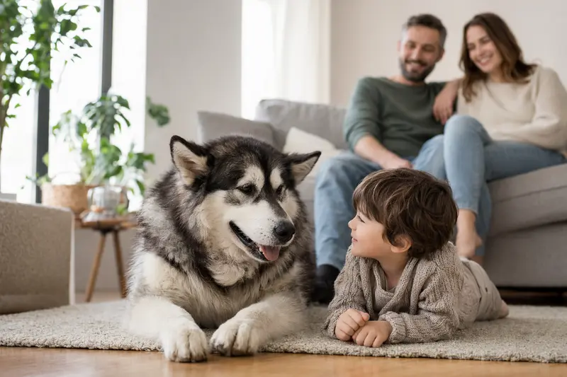 Ein entspannter Alaskan Malamute Hund liegt neben einem Kind im Wohnzimmer und vermittelt eine liebevolle Familienatmosphäre.