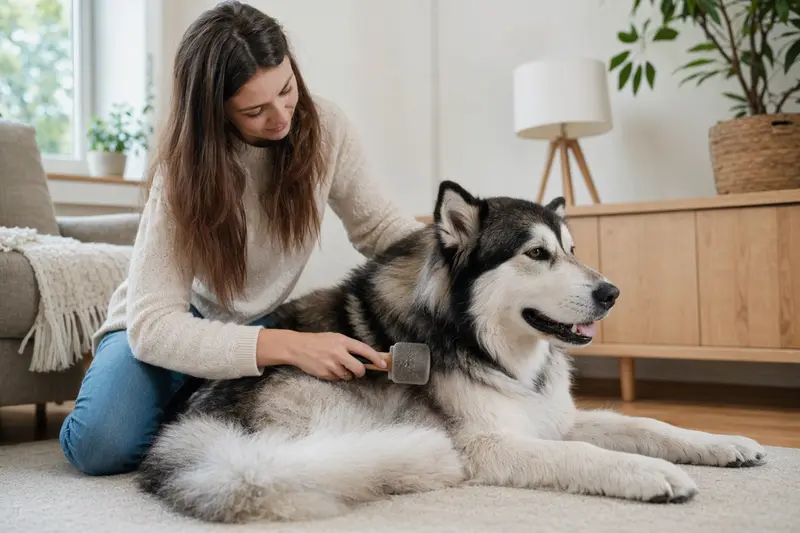 Ein liebevoller Besitzer bürstet seinen Alaskan Malamute in einem hellen Raum, während eine ruhige Atmosphäre herrscht.