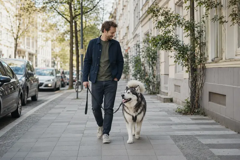 Ein Alaskan Malamute läuft an der Leine mit seinem Besitzer durch eine moderne Stadtstraße.