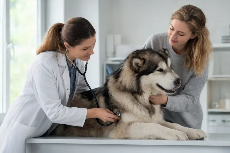 Ein Alaskan Malamute wird behutsam von einer Tierärztin mit einem Stethoskop untersucht, während sein Besitzer beruhigend danebensteht.