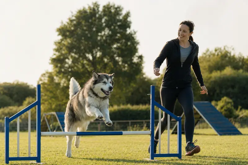 Ein Alaskan Malamute übt mit seinem Besitzer auf einem Hundeplatz und springt über eine Trainingshürde.