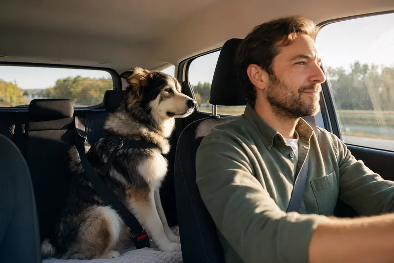 Ein Alaskan Malamute sitzt sicher angeschnallt auf der Rückbank eines Autos, während die Sonne durch das Fenster scheint.