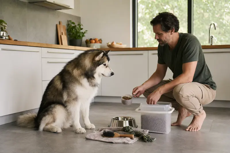 Ein Alaskan Malamute sitzt neben einem hochwertigen Futternapf und Pflegezubehör in einer hellen Küche, während sein Besitzer Futter vorbereitet.