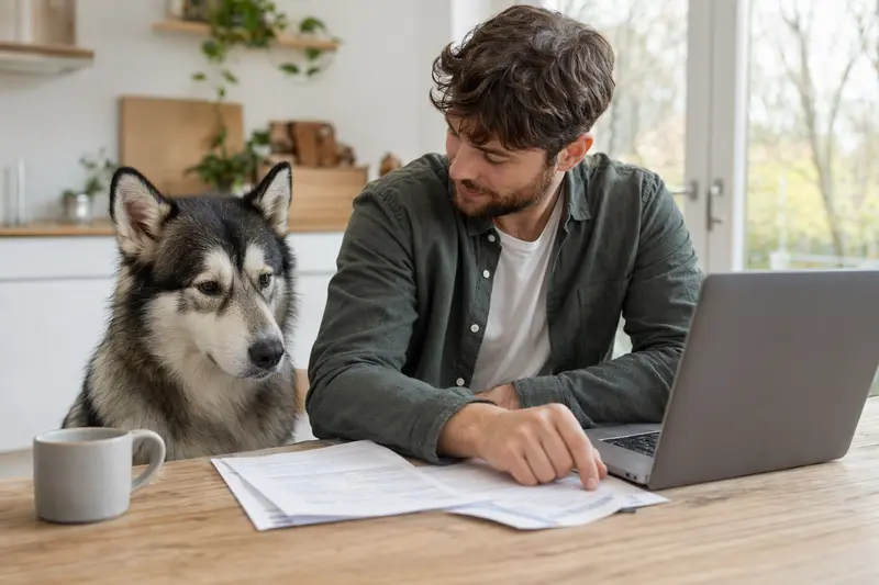 Ein Alaskan Malamute sitzt ruhig neben seinem Besitzer am Küchentisch, während Versicherungsunterlagen und ein Laptop mit neutraler Vergleichsseite auf dem Tisch liegen.