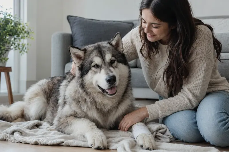 Ein ruhiger Alaskan Malamute mit Verband an der Pfote liegt auf einer Decke, während sein erleichterter Besitzer neben ihm sitzt.