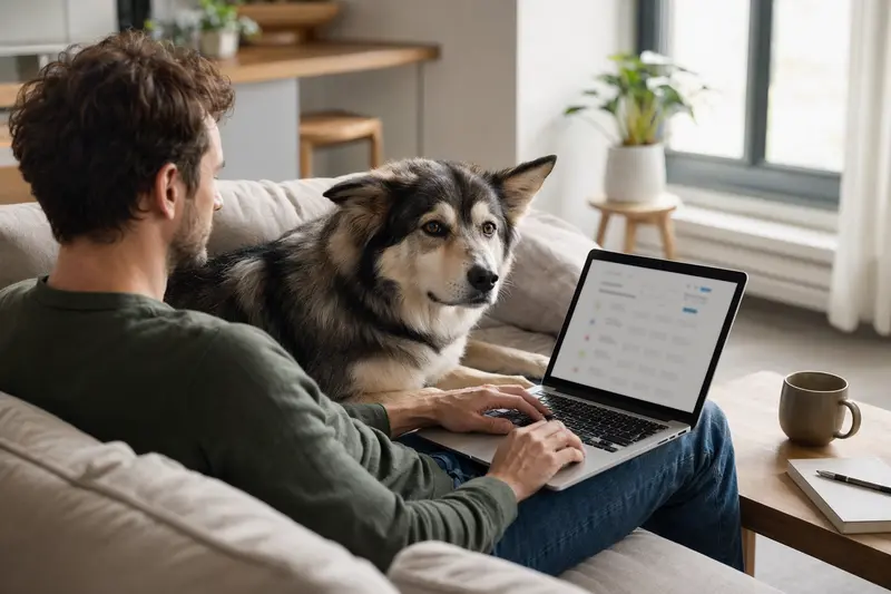 Ein Hundebesitzer sitzt mit einem Alaskan Malamute auf dem Sofa und vergleicht Versicherungen auf seinem Laptop.