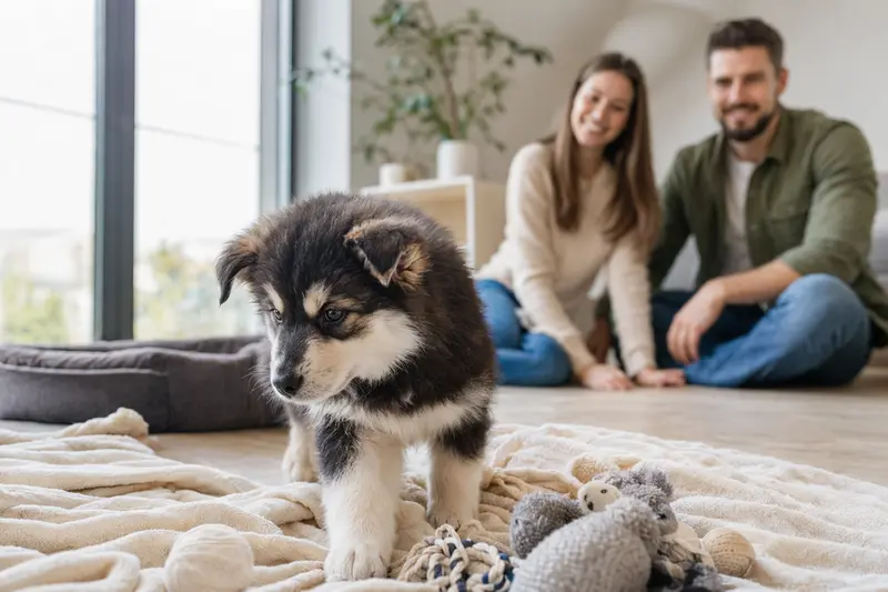 Ein neugieriger Alaskan Malamute Welpe erkundet sein neues Zuhause mit einer weichen Decke und Spielzeug.