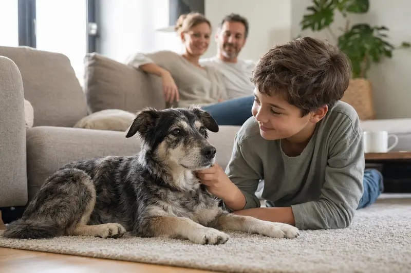 Ein freundlicher Alaunt Hund liegt entspannt neben einem Kind im Wohnzimmer und vermittelt ein Gefühl von Sicherheit.