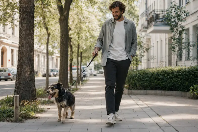 Ein Alaunt Hund läuft an der Leine mit seinem Besitzer durch eine moderne Stadtstraße und zeigt eine entspannte Alltagssituation.