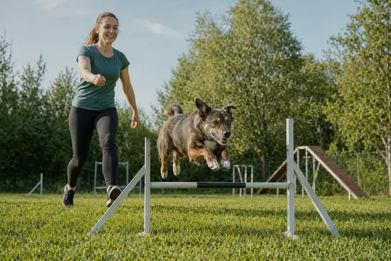 Ein Alaunt Hund trainiert fröhlich mit seinem Besitzer auf einem Hundeplatz und überwindet eine kleine Hürde.