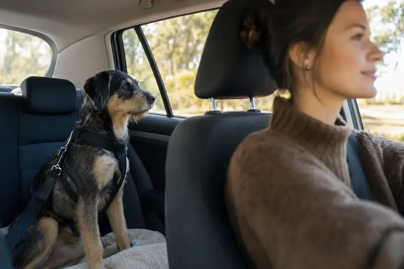 Ein Alaunt Hund sitzt sicher angeschnallt auf der Rückbank eines Autos und genießt die Fahrt.