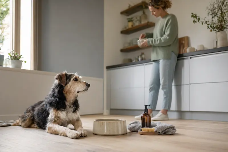 Ein Alaunt Hund sitzt neben einem hochwertigen Futternapf und Pflegezubehör in einer hellen Küche, während sein Besitzer Futter vorbereitet.